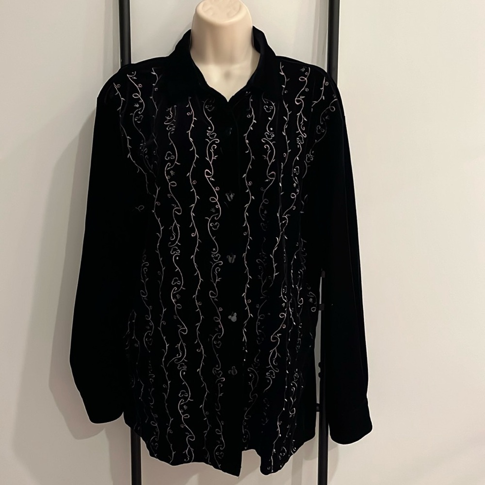 Disney Store Black Velvet Mickey Mouse Floral Button Up Oversized Shirt Women